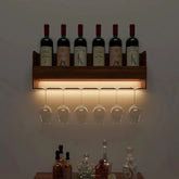 Backlit MDF Bar Wall Shelf - cum - Mini Bar Cabinet in Walnut Finish - All India Decor