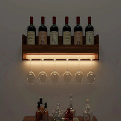 Backlit MDF Bar Wall Shelf - cum - Mini Bar Cabinet in Walnut Finish - All India Decor