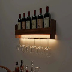 Backlit MDF Bar Wall Shelf - cum - Mini Bar Cabinet in Walnut Finish - All India Decor