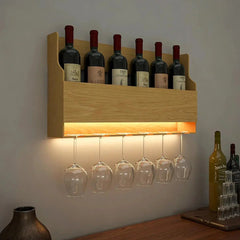 Premium Backlit MDF Bar Wall Shelf - cum - Mini Bar Cabinet in Light Oak Finish - All India Decor