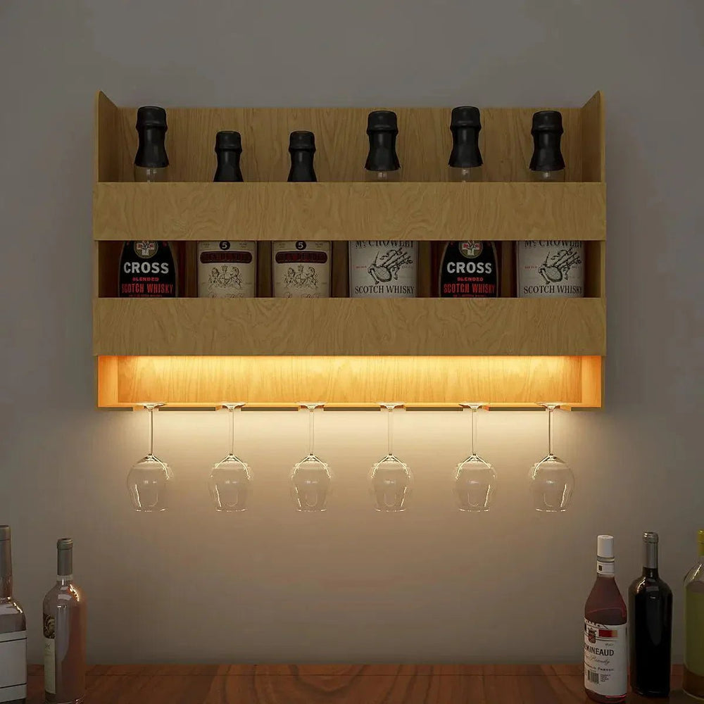 Aesthetic Backlit Wall Mounted Bar Shelf in Light Oak Finish - All India Decor