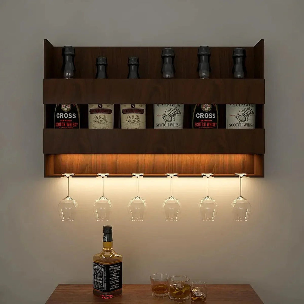 Sturdy Backlit MDF Bar Wall Shelf / Mini Bar Cabinet (Walnut Finish) - All India Decor