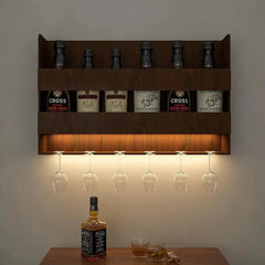 Sturdy Backlit MDF Bar Wall Shelf / Mini Bar Cabinet (Walnut Finish) - All India Decor