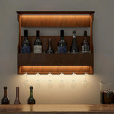 Backlit MDF Bar Wall Shelf / Mini Bar Cabinet in Walnut Finish - All India Decor