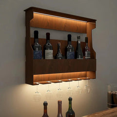 Backlit MDF Bar Wall Shelf / Mini Bar Cabinet in Walnut Finish - All India Decor