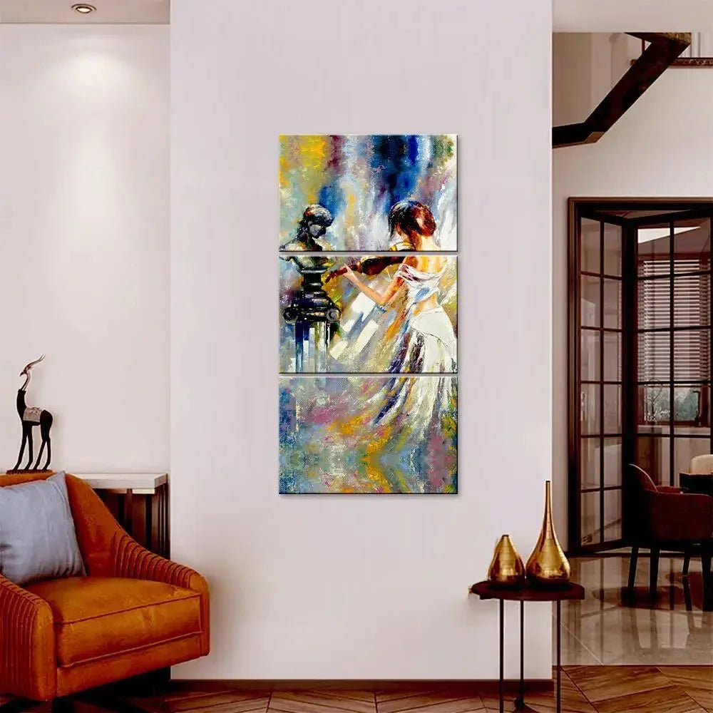 Girl Playing Violin Wall Painting Wooden Framed 3 Pieces Canvas Painting - All India Decor