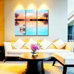Beautiful Lake Sunrise with Swan 3 Pieces Wall Painting with Wooden Framed - All India Decor