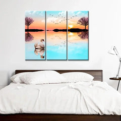 Beautiful Lake Sunrise with Swan 3 Pieces Wall Painting with Wooden Framed - All India Decor