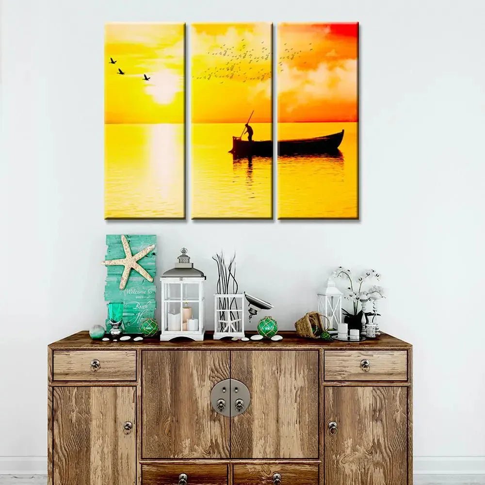 Beautiful Sunset Boat Rowing 3 Pieces Wall Painting with Wooden Framed - All India Decor