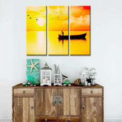 Beautiful Sunset Boat Rowing 3 Pieces Wall Painting with Wooden Framed - All India Decor