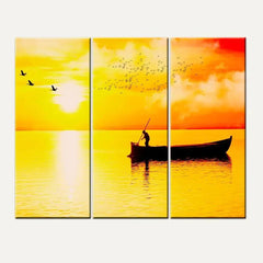 Beautiful Sunset Boat Rowing 3 Pieces Wall Painting with Wooden Framed - All India Decor