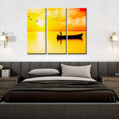 Beautiful Sunset Boat Rowing 3 Pieces Wall Painting with Wooden Framed - All India Decor