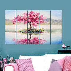 Beautiful Pink Cherry Blossom Tree 5 Pieces Multicolour Wall Painting Framed on Wood - All India Decor