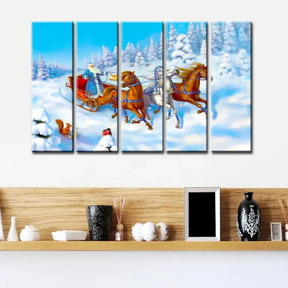 Santa Claus With Sleigh Wooden Framed 5 Pieces Canvas Painting - All India Decor