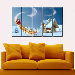 Santa With Sleigh Wooden Framed 5 Pieces Canvas Painting - All India Decor