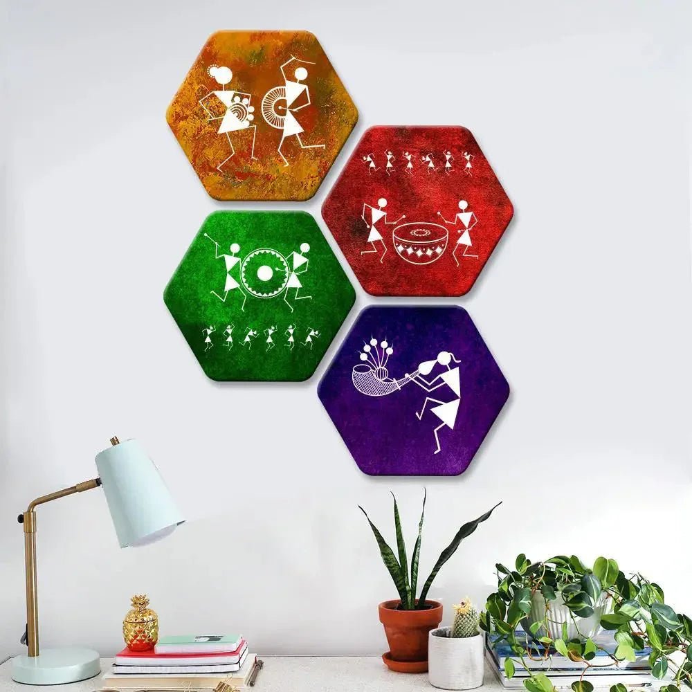 Set of 4 Beautiful Warli Art Hexagon Shape Canvas Wall Painting - All India Decor