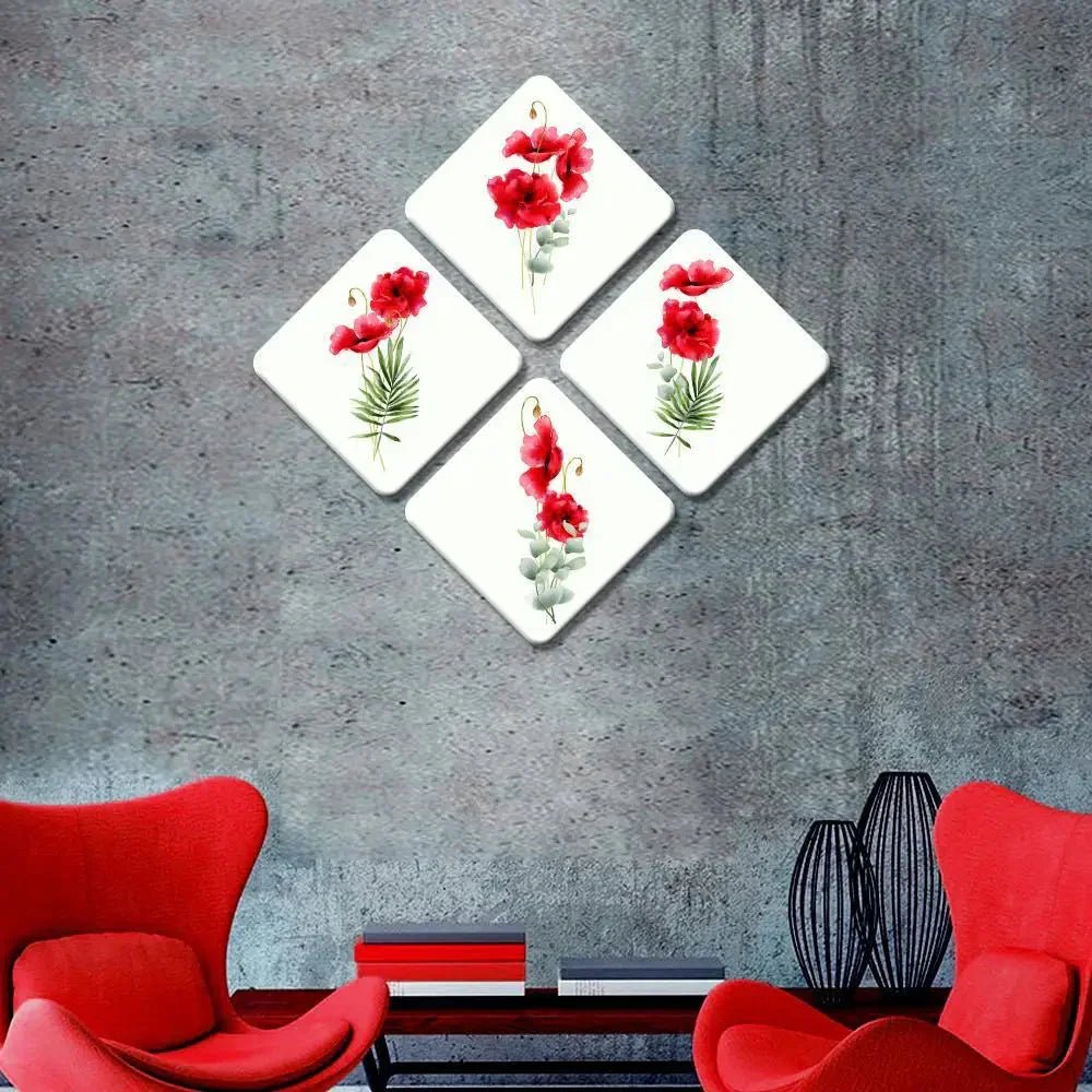 Set of 4 Beautiful Red Color Flowers Squire Shape Canvas Wall Painting - All India Decor