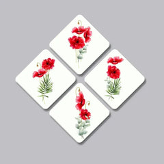 Set of 4 Beautiful Red Color Flowers Squire Shape Canvas Wall Painting - All India Decor