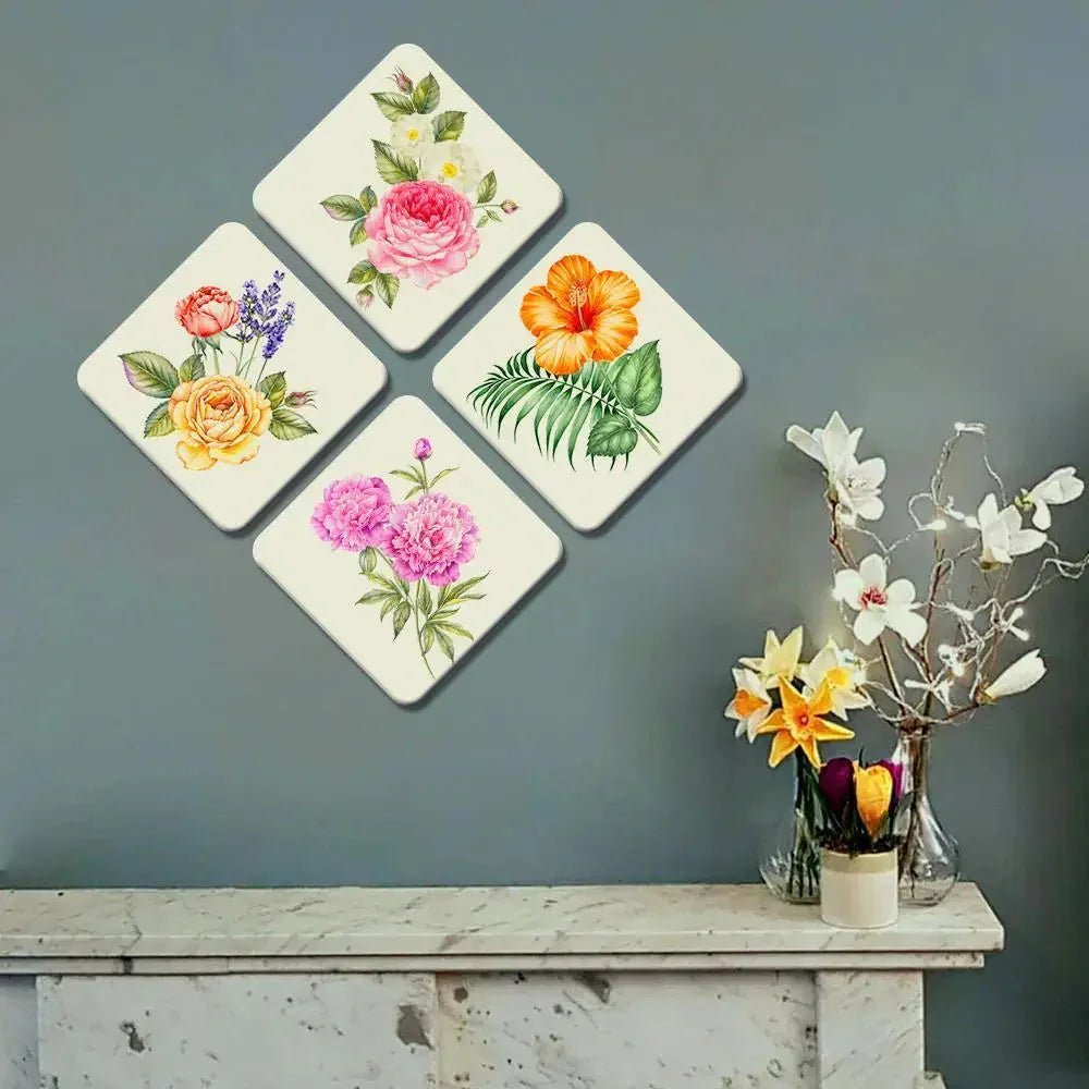 Set of 4 Beautiful Design Multi Color Flowers Squire Shape Canvas Wall Painting - All India Decor