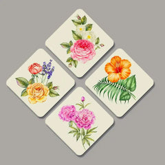 Set of 4 Beautiful Design Multi Color Flowers Squire Shape Canvas Wall Painting - All India Decor