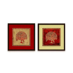Madhubani Painting with Frame - Set of 2 - Trees Art / Dark Brown Wood Texture Frame - All India Decor