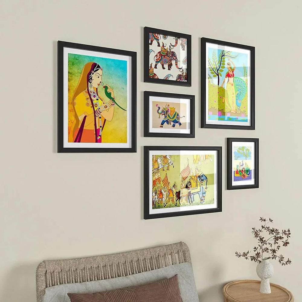 Madhubani Folk Art Collage Picture Wall Frame Set of 6 - All India Decor