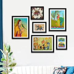 Madhubani Folk Art Collage Picture Wall Frame Set of 6 - All India Decor