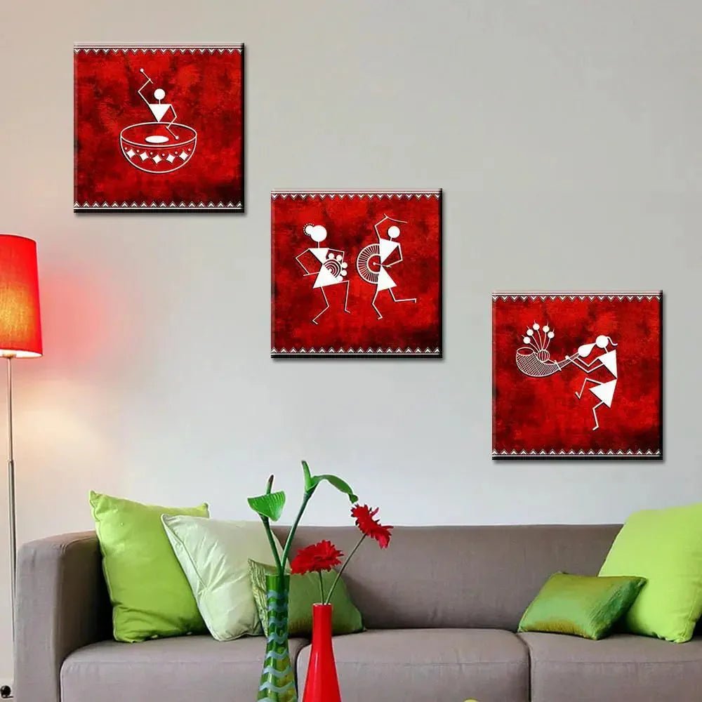 Warli Folk Art Painting Wall Hanging, Set of 3 Pieces - All India Decor