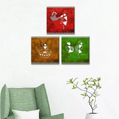 Warli Folk Traditional Art Painting Wall Hanging, Set of 3 Pieces - All India Decor