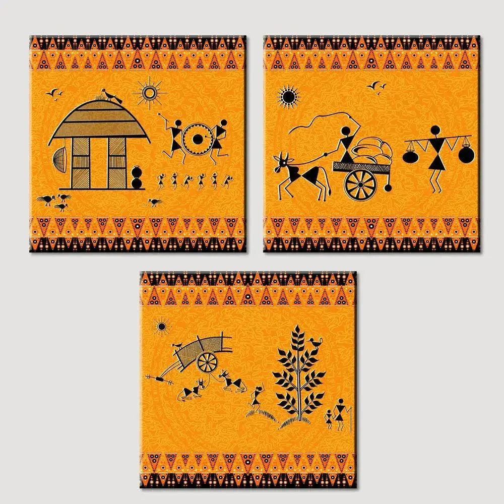 Warli Painting Wall Hanging, Set of 3 Pieces - All India Decor