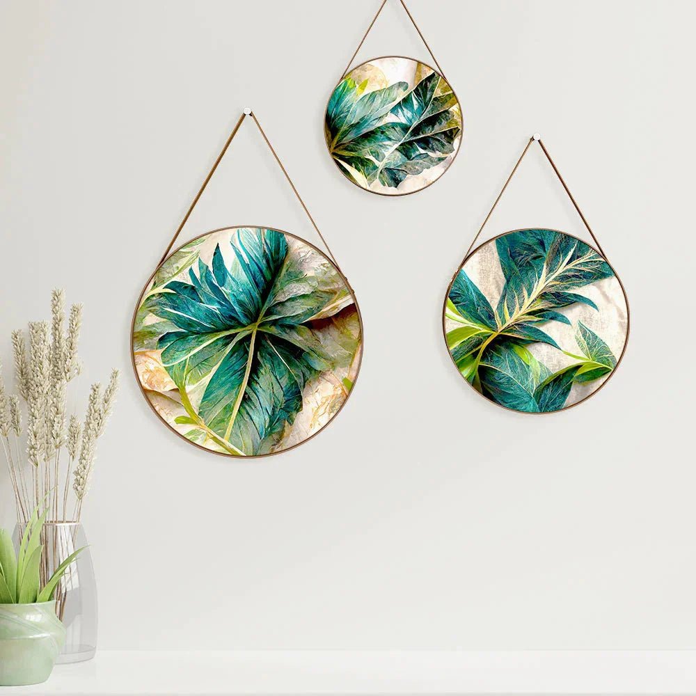 Tropical Leaves Round Framed Wall Art Set of 3 - All India Decor