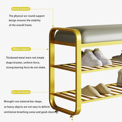 Yellow shoe rack with shoes on a white background, featuring text descriptions of design features.