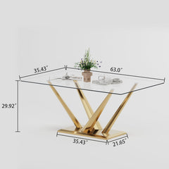 Glass table with gold legs and dimensions marked on a white background