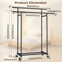 Clothing rack with dimensions labeled on a beige background