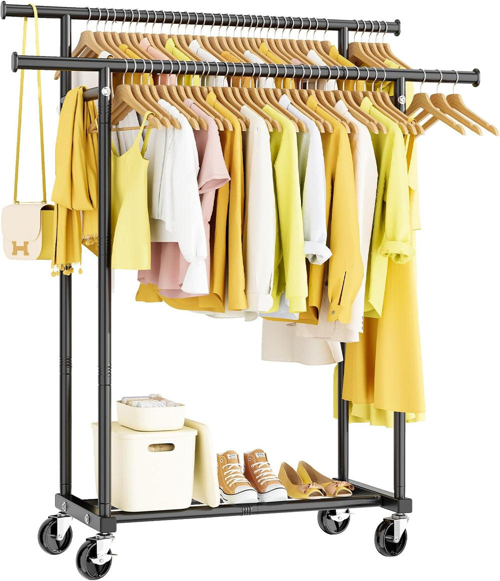 Clothing rack with clothes and shoes on wheels against a white background