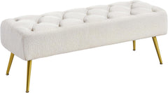 All India Decor Ottoman Bench Boucle Bench Upholstered Footrest for Living Room with Gold Metal Legs and Padded Seat Ivory
