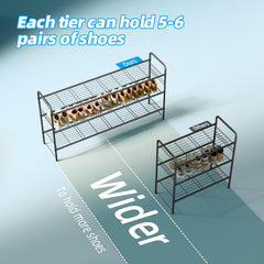 Two shoe racks with shoes on a gradient background, highlighting capacity and design.