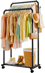 Clothing rack with clothes, shoes, and a basket on wheels