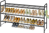 Black metal shoe rack with multiple pairs of shoes on three shelves.