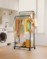 Clothing rack with clothes in a laundry room