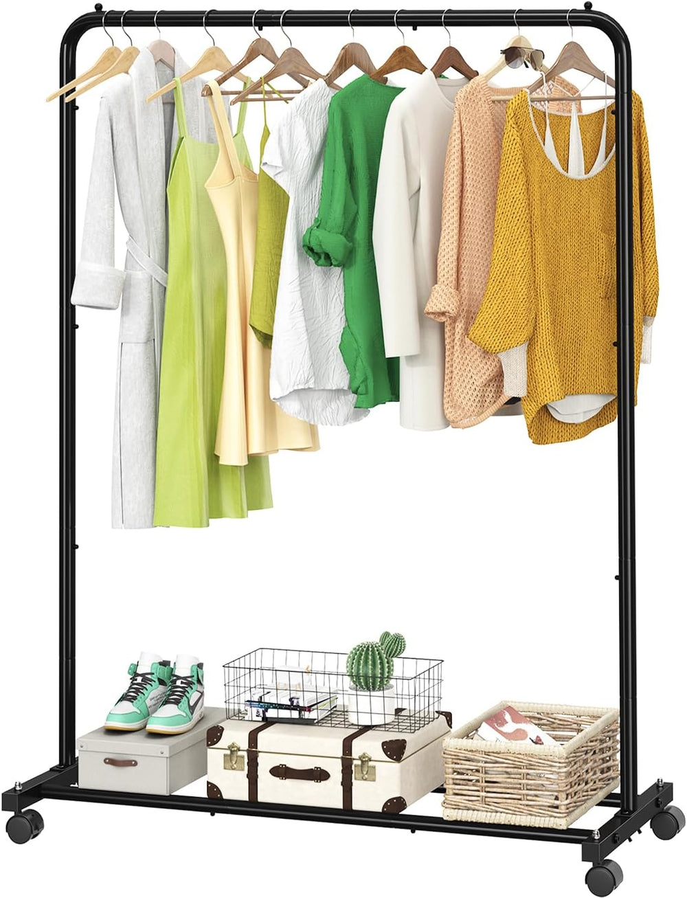 Clothing rack with clothes and shoes on a white background