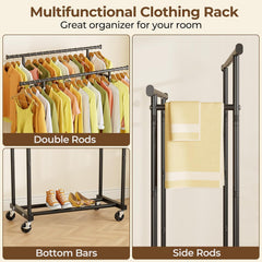 Multifunctional clothing rack with double rods, bottom bars, and side rods displaying clothes and shoes.