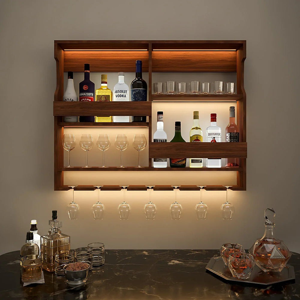Luxurious Backlit Walnut - Finished Bar Shelf / Mini Bar Cabinet - All India Decor