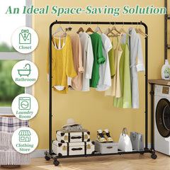Clothing rack with clothes in a laundry room setting, labeled as an ideal space-saving solution.