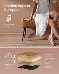 Person sitting on a brown leather ottoman with comfort features highlighted.