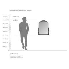 Measurement chart of an ornate wall mirror with a silhouette for scale on a white background.