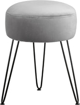 Gray cushioned stool with black metal legs on a white background