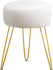 White cushioned stool with gold metal legs on a white background