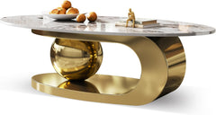 Modern coffee table with gold base and marble top on a white background