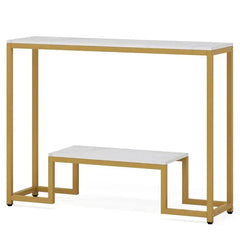 Two small tables with white tops and gold frames on a white background